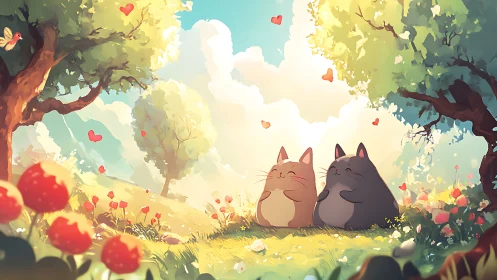 Content kittens rest under glowing trees in sunny meadow