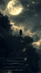 Silhouette stands atop worn stone steps under luminous moon