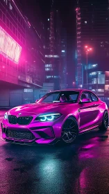 Neon-pink sports coupe prowls a rain-glossed cyber city street.
