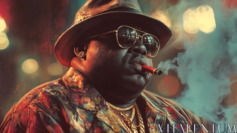 Digital portrait of cigar-smoking man in bold streetwear.