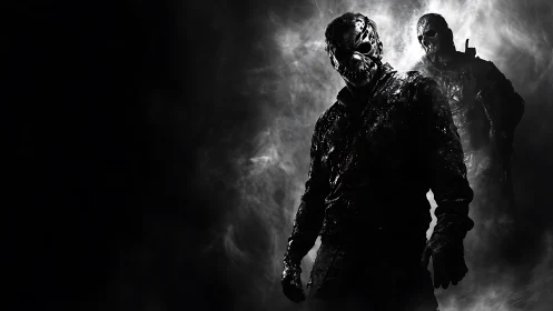 Masked figures emerge through monochrome smoke and shadow.