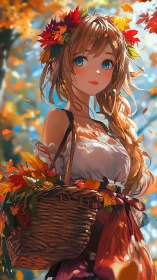 Autumn girl with basket of leaves in a glowing forest scene.