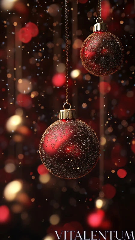 Glittering red Christmas baubles glow in soft bokeh light.