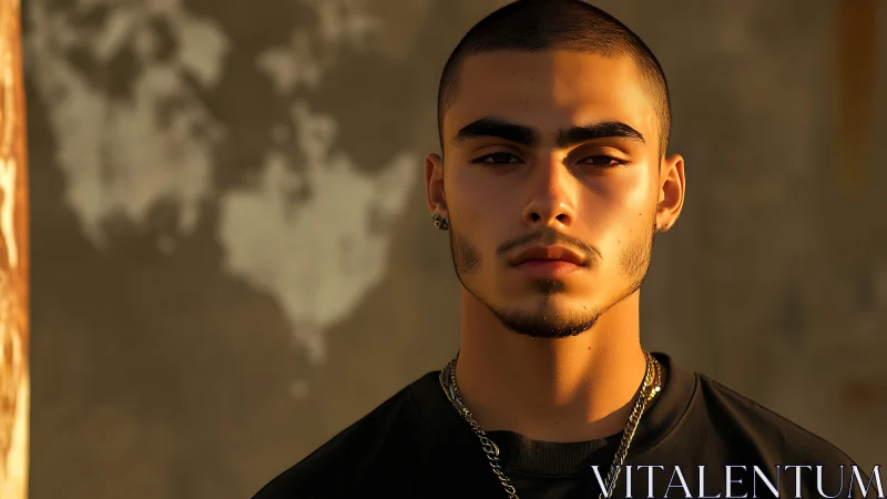 Low key portrait under warm raking light with sharp facial contrast