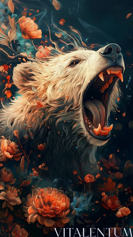 Roaring bear head emerges amid swirling orange blossoms