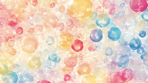Pastel rainbow bubbles drift across luminous soft field.