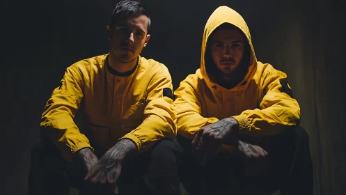 Two friends in yellow hoodies sharing a quiet, moody moment.