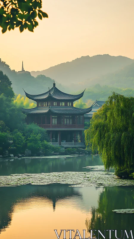 Lakeside pagoda rises through misty green mountain valley.