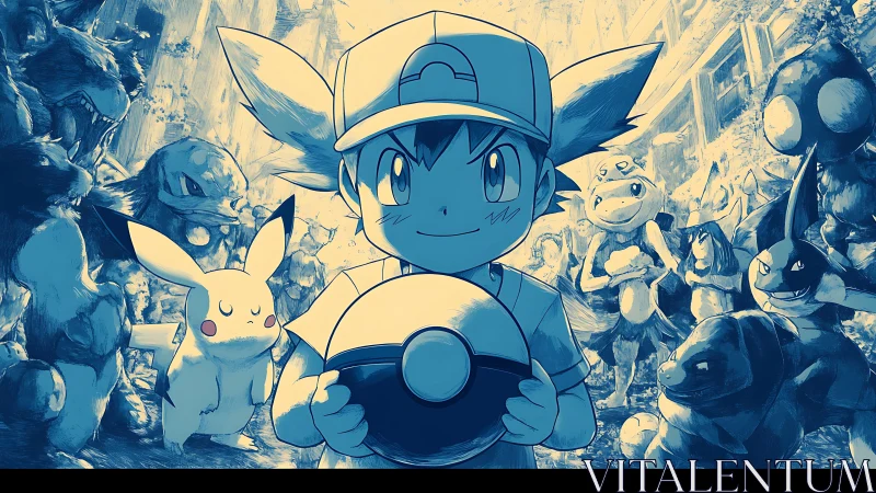 Young trainer commands a blue-tinted legion of creatures.