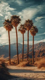 Sunlit desert palms stand quietly before distant mountains