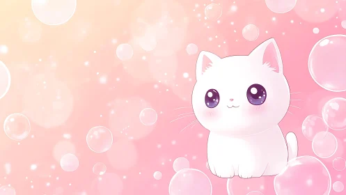 Cute White Kitten with Purple Eyes Against Soft Pink Bubble Background