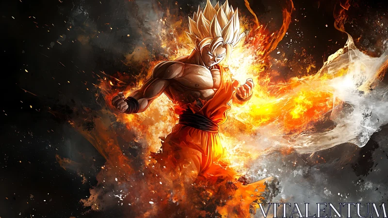 Golden haired warrior explodes with flaming battle aura