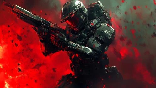 Armored sci fi assault trooper amid explosive red nebula