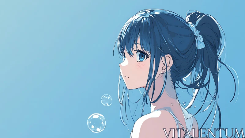 Girl with blue hair in profile against plain blue background