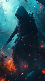 Hooded armed figure standing in burning forest environment.