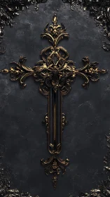 Ornate golden cross glowing gently on dark stone wall.