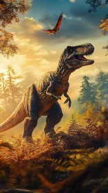Tyrannosaurus rex in sunlit prehistoric forest scene.