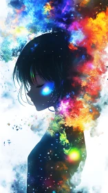 Silhouette of girl merged with bright cosmic nebula colors.