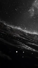 Dark abstract wave with scattered light particles in motion.