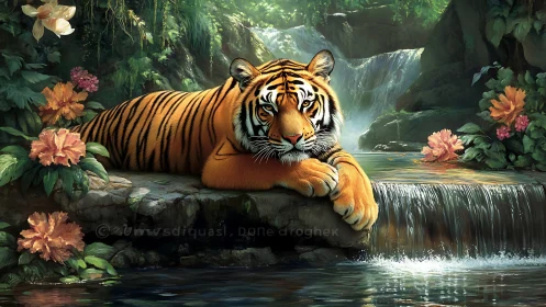 Serene tiger reclining by lush forest waterfall pool.