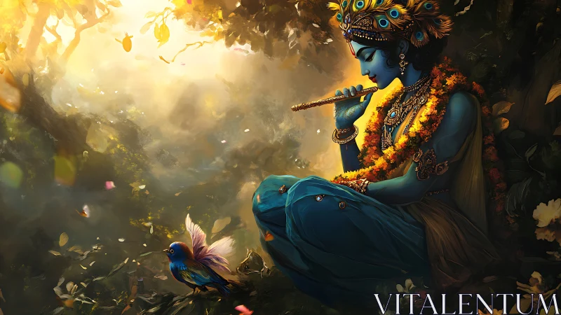 Forest flute dreamscape with tranquil blue deity and bird.