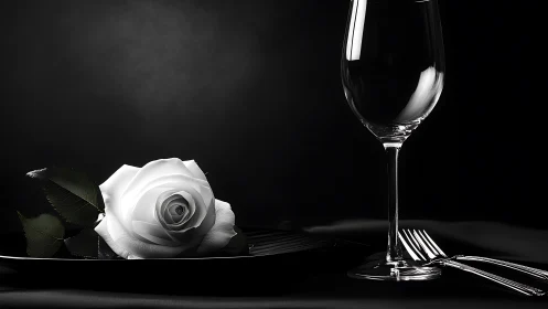 White rose and glassware still life on dark background.