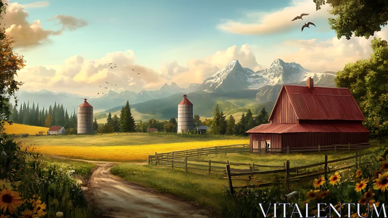 Peaceful farm landscape with red barn and mountain backdrop.