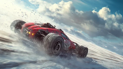 Red off-road racing car powers through icy snowfield