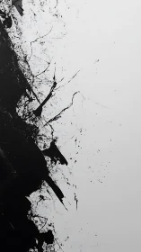 Diagonal black ink fracture cuts across stark minimal field