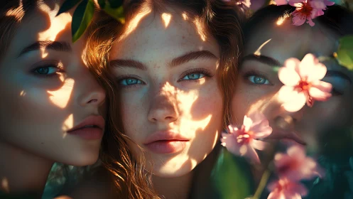 Triadic portrait under floral caustics with spectral sunlight.