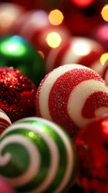 Striped Christmas ornaments glow amid soft festive bokeh