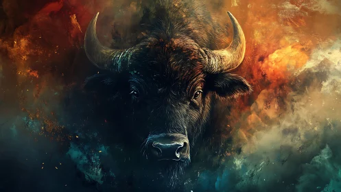 Digital bison portrait framed by abstract color clouds.