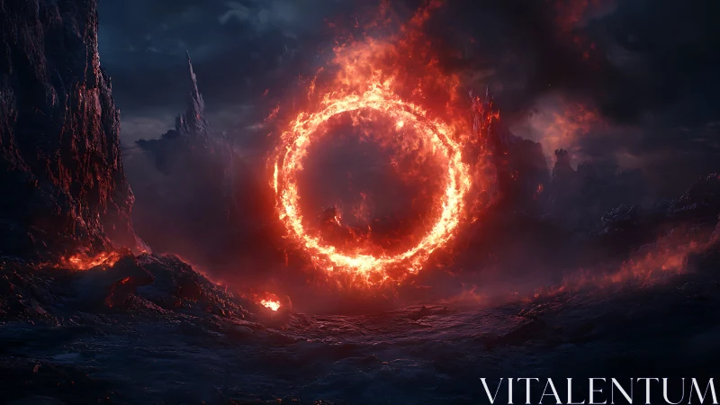 Fiery Ring Gate Portal in Volcanic Landscape.