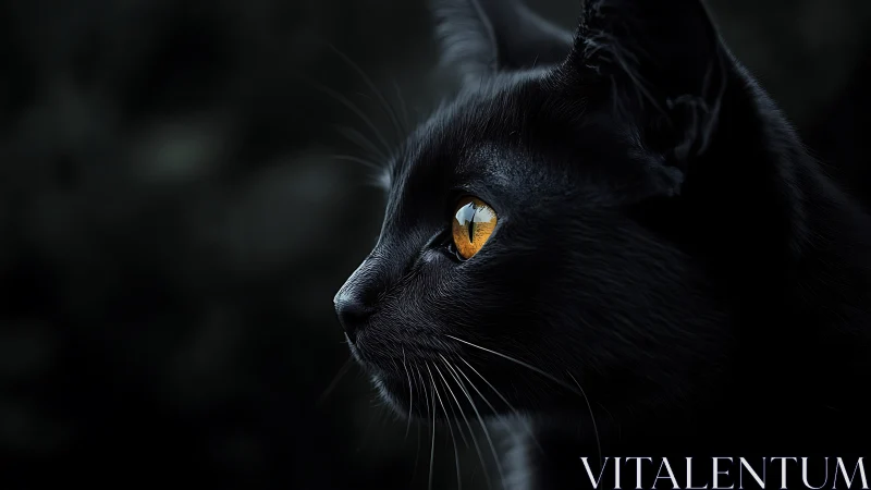 Black Cat Profile with Amber Eyes Against Dark Background