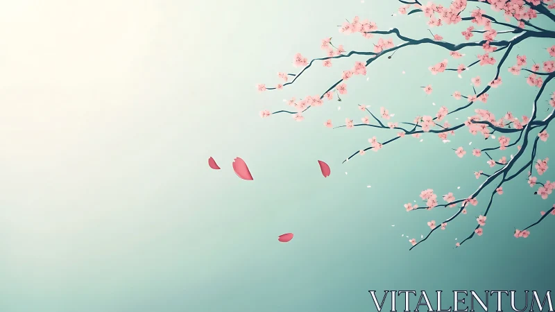 Minimalist cherry blossom branch over pale teal sky.