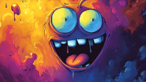 Wild neon monster grins joyfully in a swirling rainbow storm