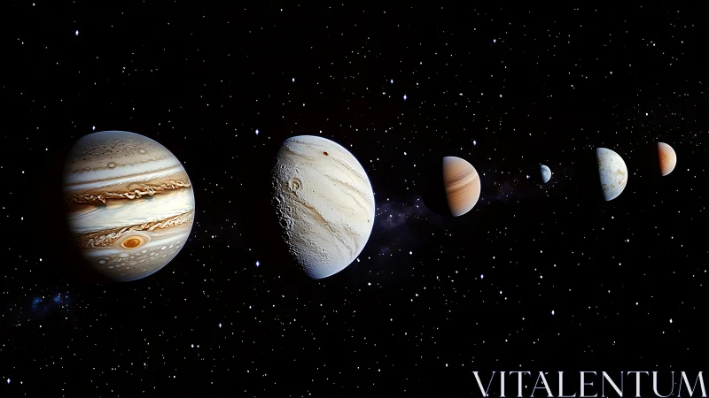 Aligned gas and terrestrial planets rendered with detailed textures