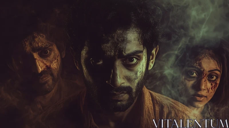 Haunted faces emerge from swirling smoke and deep shadow.