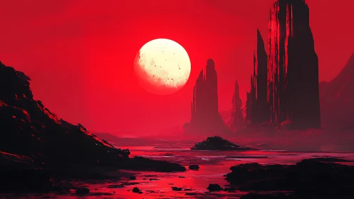 Crimson exoplanet horizon with monolithic spires under giant sun