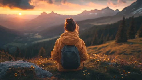 Hiker in golden jacket soaking in a peaceful mountain sunset.