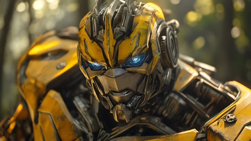 Yellow battle-worn robot portrait with glowing blue eyes.