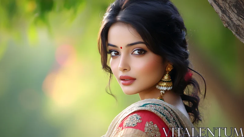 Bridal portrait in ornate sari with luminous bokeh background.
