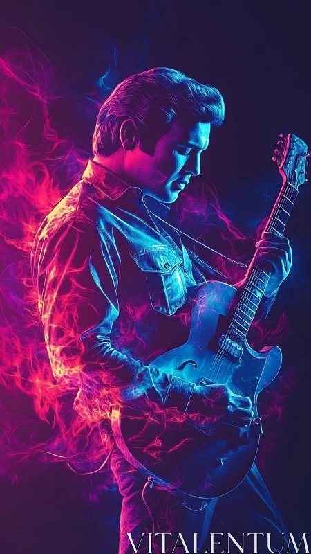 Neon-lit guitarist silhouette in electric dual-color composition.