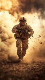 Soldier sprinting through a storm of dust and courage.