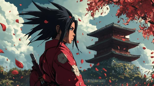 Samurai youth stands resolute beneath falling crimson petals