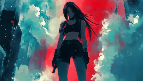 Shadowed vigilante stands amid red and teal urban smoke.