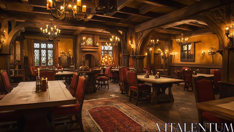 Warm medieval tavern interior glows under golden candlelight