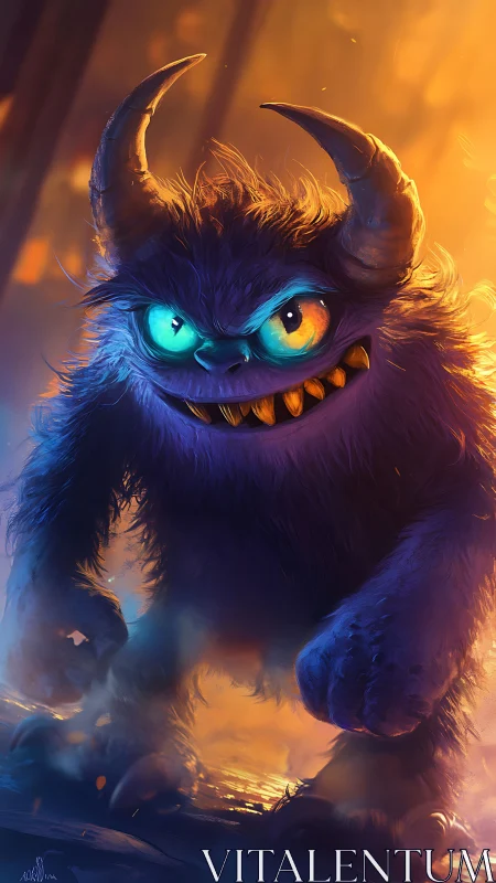 Horned blue monster prowls through glowing fiery light.
