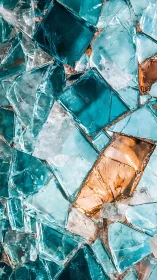 Shimmering broken glass mosaic in soft teal and amber hues.