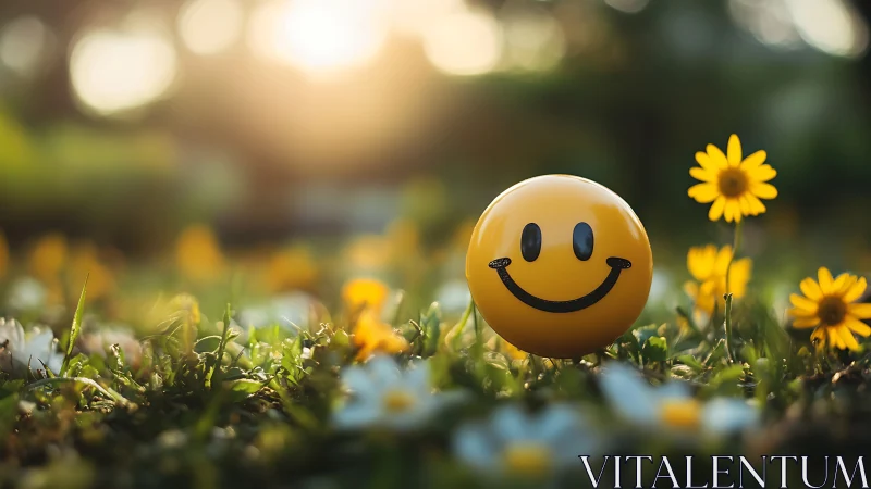 Yellow smiley ball on grass with sunlit wildflowers.
